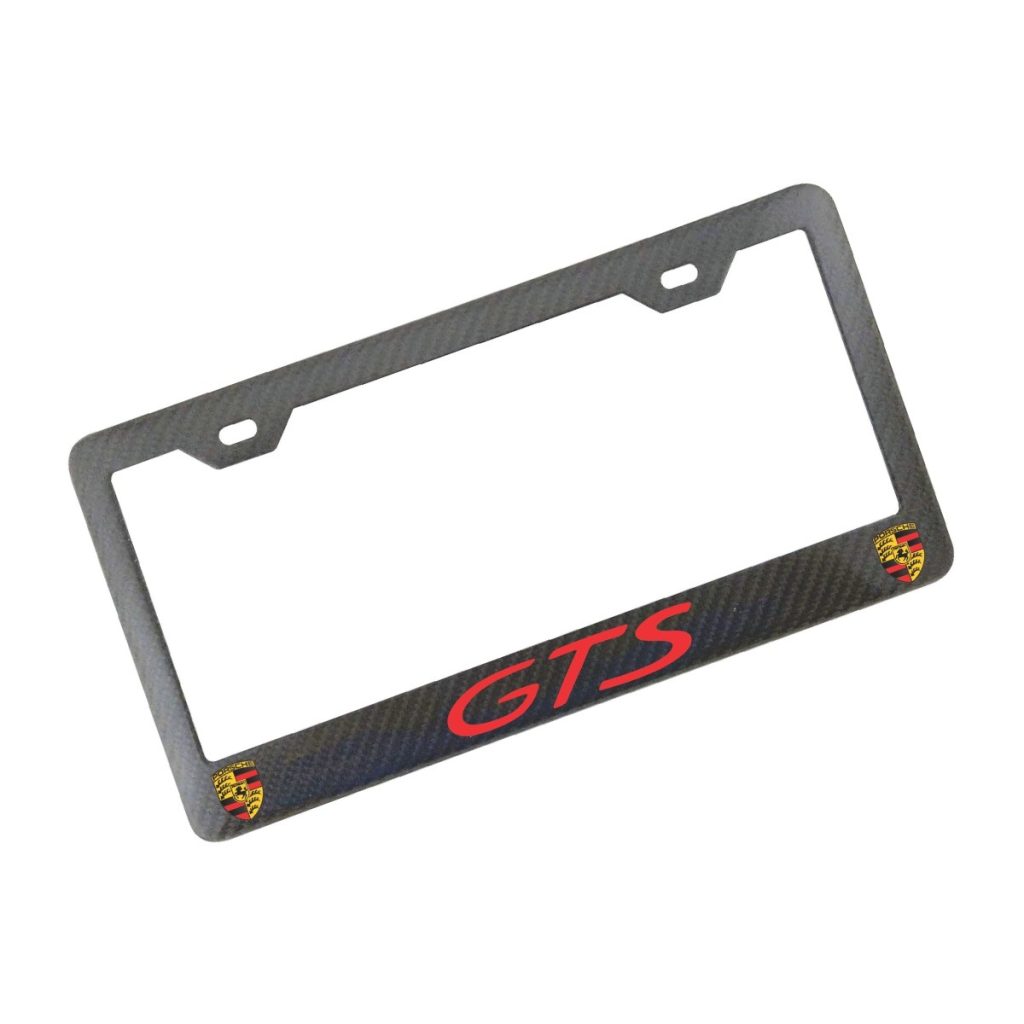 Porsche GTS License Frame Red Text and Shields